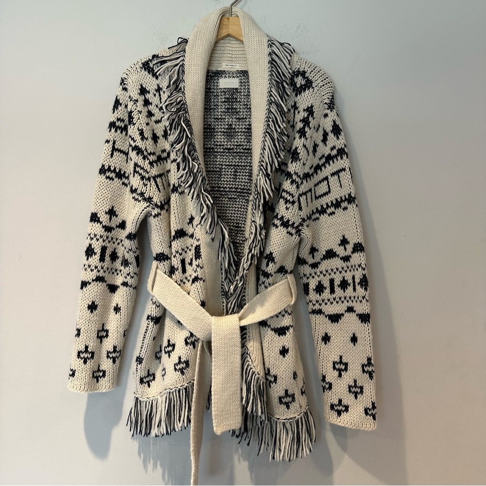 MOTHER Belted Short Cardigan Alpaca Blend Fringe Ivory Navy Blue S NWOT - Picture 6 of 11